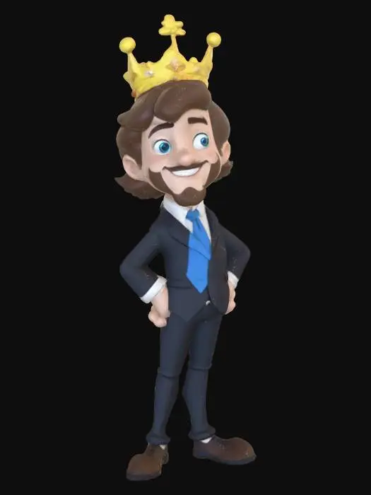 3D model for Personaggio ispirato a carlo III versione cartoon 2015, in abito nero con camicia bianca cravatta blue royal, pantaloni neri e corona in testa.