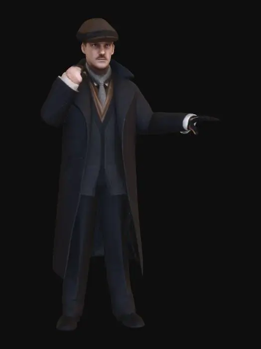 3D model for Sherlock Holmes 3D stile con deerstalker in testa e cappotto. in bocca tiene una pipa spenta. Fallo in t pose.