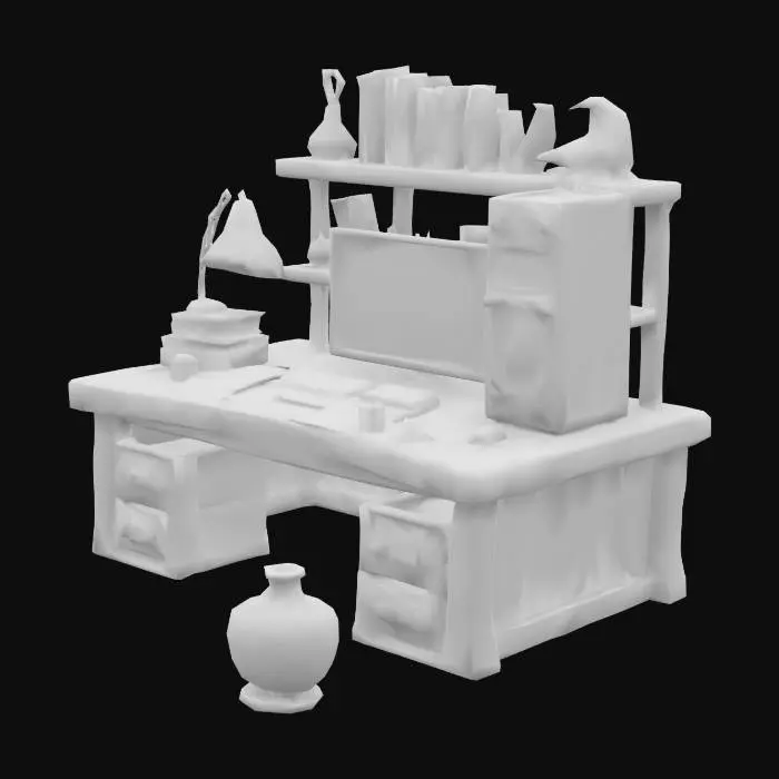 3D model for The wizard’s desk is a mix of old magic and new tech. A worn oak table holds glowing scrolls, dusty grimoires, and a sleek computer tower etched with arcane runes. The monitor displays lines of code mixed with magical glyphs, while a crystal-framed keyboard clicks with every spell-encoded keystroke. Floating candles provide shifting light, and enchanted trinkets sit beside potion-stained coffee mugs. A small cauldron bubbles quietly next to a wireless, levitating mouse. Shelves behind the desk are filled with spellbooks, crystals, and USB drives sealed with wax sigils. A raven watches from the monitor, occasionally tapping at the screen. It’s a workspace where mysticism meets modernity—a true wizard’s digital sanctuary.