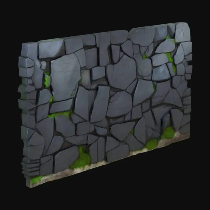 3D model for The wall of the orc dungeon office is made of rough, dark stone, cracked and uneven from years of wear. Moss creeps along the lower edges, and faint scorch marks hint at past battles or magical experiments. Despite its raw appearance, it's solid and imposing, radiating a rugged, primal authority.