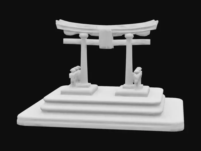 3D model for a desktop business card holder which has a three step daises platform with an ornate miniature traditional Torii gate centered in the middle.
