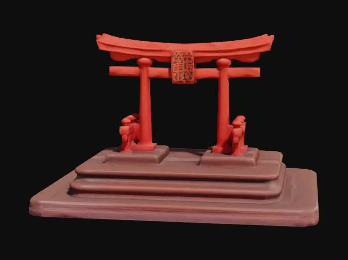 3D model for a desktop business card holder which has a three step daises platform with an ornate miniature traditional Torii gate centered in the middle.