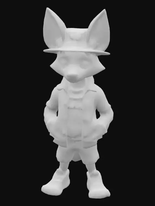 3D model for A cheeky but sly cartoon fennec fox who wears a white fedora with a silver headband on the hat, and a 4-leaf clover on the band of the hat. He is a maverick and a big boss man! He wears a Varsity Jacket over a frilly expensive white undershirt. The Varsity Jacket is of a guild he's in. The Jacket is of "Phantom Guild". He is smiling with a knowing smile of a fox with a plan.