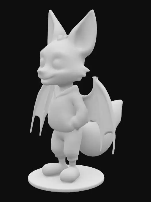 3D model for #halloween#, The image features a stylized fox-like vampire in pajamas with a smooth, simplified cartoon geometry and a bold, flat-textured design, set against a vibrant orange background with bats and skull motifs. standing on a platform.