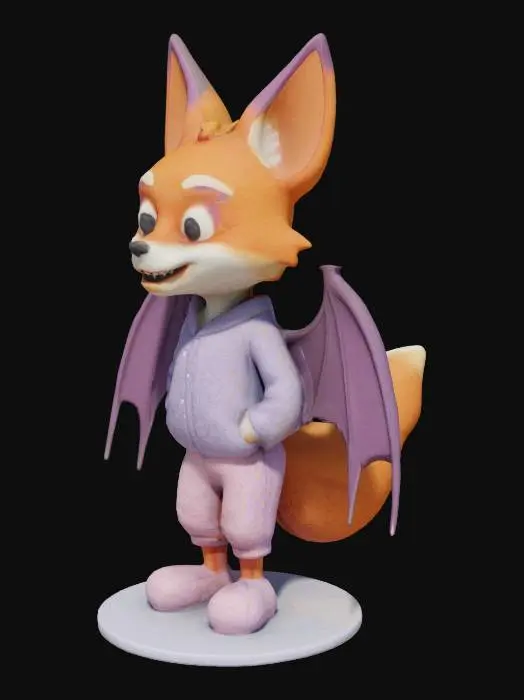 3D model for #halloween#, The image features a stylized fox-like vampire in pajamas with a smooth, simplified cartoon geometry and a bold, flat-textured design, set against a vibrant orange background with bats and skull motifs. standing on a platform.