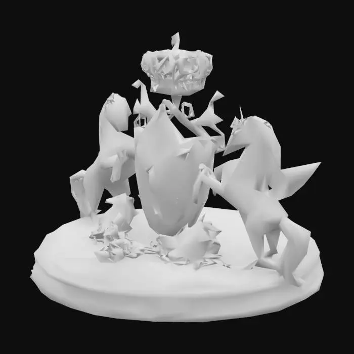 3D model for an ornate heraldic emblem featuring a central shield with a butterfly and succulent motif, flanked by two iridescent silver unicorns wearing flower crowns, a regal white and bright silver crown above the shield, and surrounded by natural elements, all rendered in a richly detailed and textured style. set upon a small triple layer platform. #emblem#