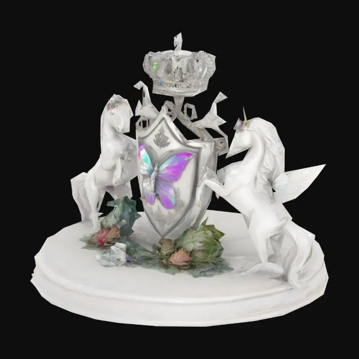3D model for an ornate heraldic emblem featuring a central shield with a butterfly and succulent motif, flanked by two iridescent silver unicorns wearing flower crowns, a regal white and bright silver crown above the shield, and surrounded by natural elements, all rendered in a richly detailed and textured style. set upon a small triple layer platform. #emblem#