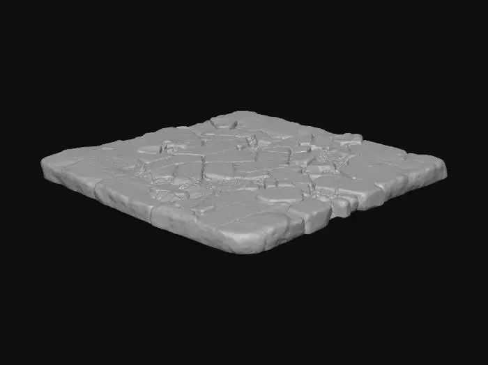 3D model for seamless tileable texture, cracked pavement after earthquake, broken square stone tiles partially destroyed, large irregular cracks, scattered rubble and small rocks, displaced and tilted slabs, dust and debris, dark moody lighting, blue-gray tones, post-apocalyptic urban ground, high detail, realistic wear and tear, 4k, --tile --ar 1:1