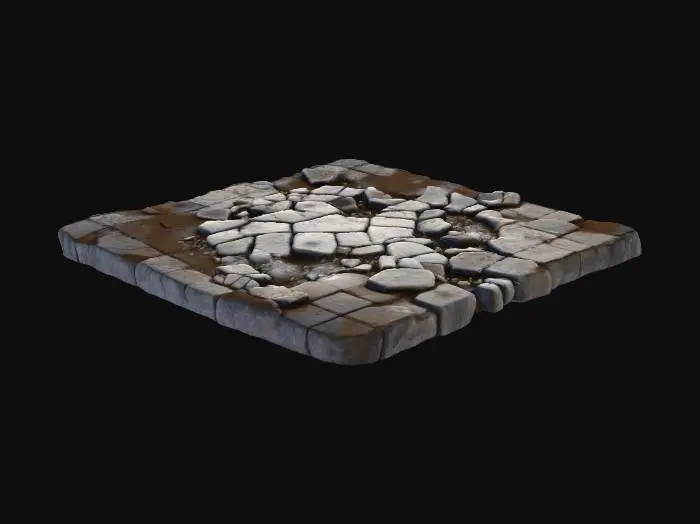 3D model for seamless tileable texture, cracked pavement after earthquake, broken square stone tiles partially destroyed, large irregular cracks, scattered rubble and small rocks, displaced and tilted slabs, dust and debris, dark moody lighting, blue-gray tones, post-apocalyptic urban ground, high detail, realistic wear and tear, 4k, --tile --ar 1:1