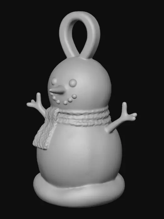 3D model for A cute, compact snowman designed specifically as a hanging decoration. It consists of two stylized snowballs (body and head) with a seamlessly integrated, sturdy hanging loop at the top. Features classic details: cheerful face with coal eyes and a smiling mouth, an orange carrot nose, a tiny striped knit scarf, and twig arms. The bottom is slightly flattened for stability. The model is a single, manifold, solid mesh optimized for 3D printing or real-time rendering. Style: charming, matte-finish, with soft festive colors.