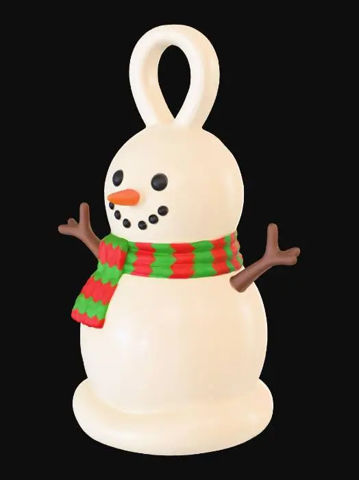 3D model for A cute, compact snowman designed specifically as a hanging decoration. It consists of two stylized snowballs (body and head) with a seamlessly integrated, sturdy hanging loop at the top. Features classic details: cheerful face with coal eyes and a smiling mouth, an orange carrot nose, a tiny striped knit scarf, and twig arms. The bottom is slightly flattened for stability. The model is a single, manifold, solid mesh optimized for 3D printing or real-time rendering. Style: charming, matte-finish, with soft festive colors.