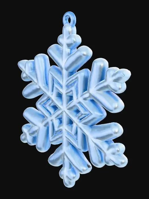 3D model for A single, elegant snowflake designed as a festive tree decoration. Intricate, symmetrical crystal pattern with a soft, rounded "kawaii" aesthetic — as if made of fluffy frost or sugar. Thick, slightly volumetric geometry for a tactile feel.
At the very top, a small, sturdy loop is seamlessly integrated into the design for threading a string or ribbon. The entire model is one solid, manifold piece, ready for 3D printing or rendering.
Style: Magical and delicate, with a subtle shimmer. Materials: Icy blue/white translucent base or soft glitter effect. The silhouette is clean and recognizable from any angle.