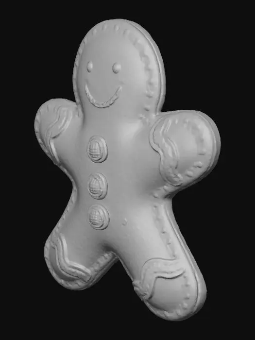 3D model for A cute gingerbread man Christmas ornament, made of felt and fabric, with embroidered smile and buttons, tiny red stitch details, sprinkled with glitter, brown and white colors, isolated on a pure white background, studio lighting, photorealistic, high detail, macro shot. No background, no hook, no string, no hanging loop, no shadow, clean edges.