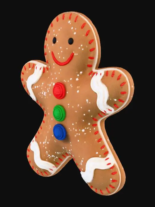 3D model for A cute gingerbread man Christmas ornament, made of felt and fabric, with embroidered smile and buttons, tiny red stitch details, sprinkled with glitter, brown and white colors, isolated on a pure white background, studio lighting, photorealistic, high detail, macro shot. No background, no hook, no string, no hanging loop, no shadow, clean edges.