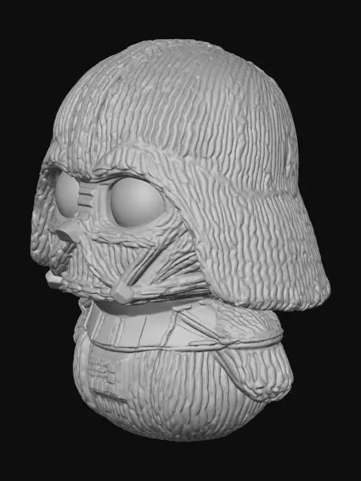 3D model for A knitted Darth Vader Christmas ornament, black and dark gray yarn, detailed textured knit resembling his helmet and armor, glossy black "lenses", no visible face, iconic silhouette, cute and chibi style, isolated on a pure white background, studio lighting, photorealistic textile texture, high detail, macro shot. No background, no hook, no string, no hanging loop, no shadow, no light saber, no human features.