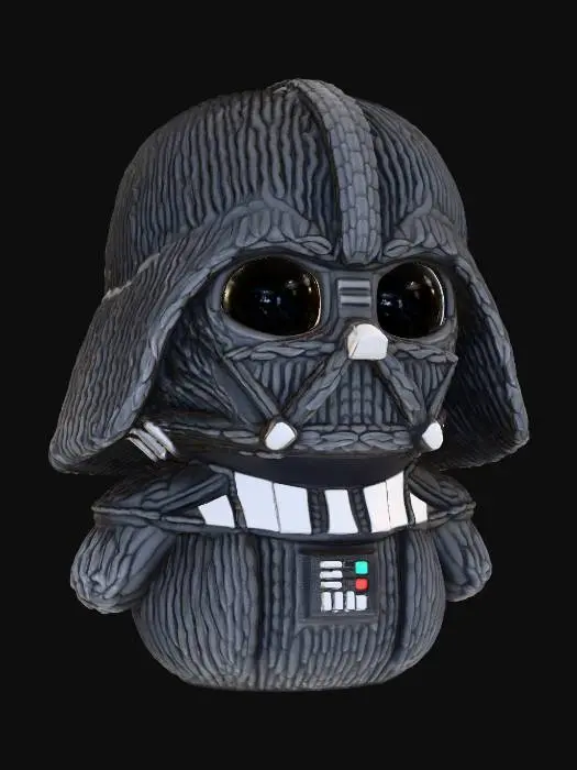 3D model for A knitted Darth Vader Christmas ornament, black and dark gray yarn, detailed textured knit resembling his helmet and armor, glossy black "lenses", no visible face, iconic silhouette, cute and chibi style, isolated on a pure white background, studio lighting, photorealistic textile texture, high detail, macro shot. No background, no hook, no string, no hanging loop, no shadow, no light saber, no human features.