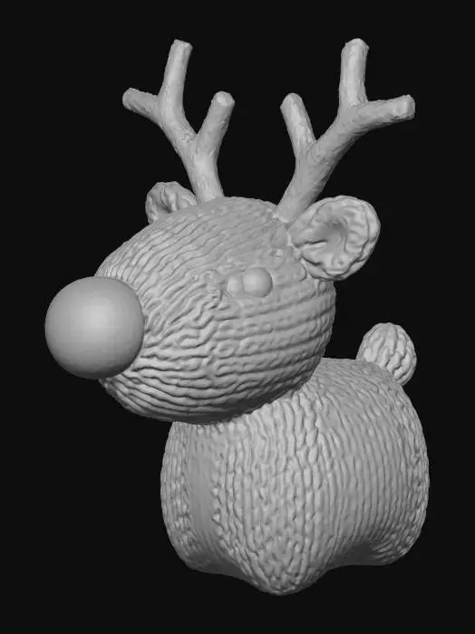 3D model for A tiny adorable knitted reindeer ornament, with soft brown yarn, small antlers made of twigs, a little red pompom nose, rustic style, isolated on a pure white background, studio lighting, photorealistic, high detail, macro shot. No background, no hook, no string, no hanging loop, no shadow, clean edges.
