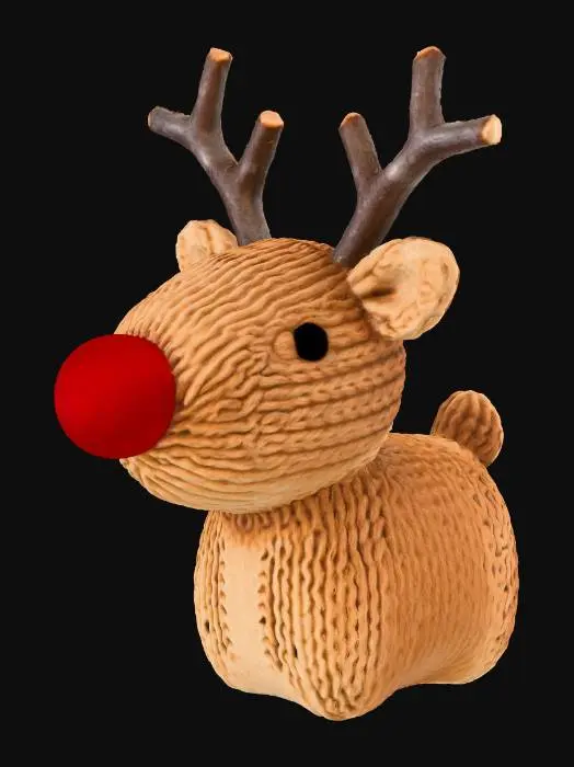 3D model for A tiny adorable knitted reindeer ornament, with soft brown yarn, small antlers made of twigs, a little red pompom nose, rustic style, isolated on a pure white background, studio lighting, photorealistic, high detail, macro shot. No background, no hook, no string, no hanging loop, no shadow, clean edges.