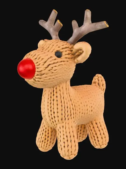3D model for A tiny adorable knitted reindeer ornament, with soft brown yarn, small antlers made of twigs, a little red pompom nose, rustic style, isolated on a pure white background, studio lighting, photorealistic, high detail, macro shot. No background, no hook, no string, no hanging loop, no shadow, clean edges.