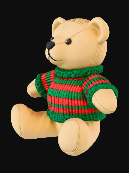 3D model for A charming miniature teddy bear ornament, wearing a tiny knitted green and red Christmas sweater, felt material, black bead eyes, sitting pose, isolated on a pure white background, studio lighting, photorealistic, high detail, macro shot. No background, no hook, no string, no hanging loop, no shadow, clean edges.