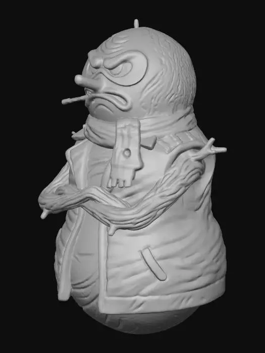 3D model for A tough-guy, 3D-printable snowman ornament styled as Billy Kid. The two snowballs are sturdy. The top ball has a grumpy, scowling face with a black eye-mask sculpted from snow and a lollipop stick (twig) in its mouth. Wears a tiny, tattered red scarf. The bottom ball has a leather-jacket texture suggested by grooves. His twig arms are crossed. The model is a single, manifold, solid mesh. Style: Comic, street-style, with a matte finish.