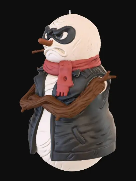 3D model for A tough-guy, 3D-printable snowman ornament styled as Billy Kid. The two snowballs are sturdy. The top ball has a grumpy, scowling face with a black eye-mask sculpted from snow and a lollipop stick (twig) in its mouth. Wears a tiny, tattered red scarf. The bottom ball has a leather-jacket texture suggested by grooves. His twig arms are crossed. The model is a single, manifold, solid mesh. Style: Comic, street-style, with a matte finish.