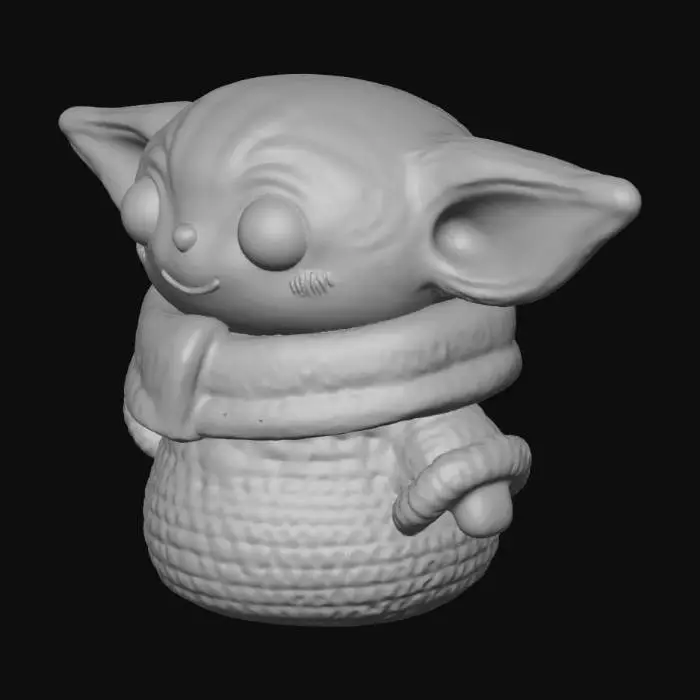 3D model for A knitted Baby Yoda (Grogu) Christmas ornament, soft sage green and beige yarn, enormous oversized ears, big shiny black bead eyes, tiny nose and mouth, wrapped in a miniature knitted brown robe, adorable and curious expression, isolated on a pure white background, soft studio light, detailed knit texture, macro. No background, no hook, no string, no hanging loop, no shadow, no Force effects.