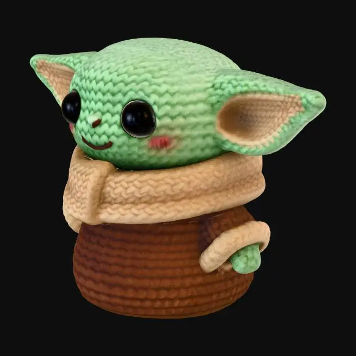 3D model for A knitted Baby Yoda (Grogu) Christmas ornament, soft sage green and beige yarn, enormous oversized ears, big shiny black bead eyes, tiny nose and mouth, wrapped in a miniature knitted brown robe, adorable and curious expression, isolated on a pure white background, soft studio light, detailed knit texture, macro. No background, no hook, no string, no hanging loop, no shadow, no Force effects.