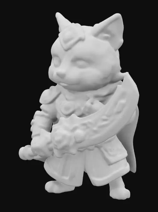 3D model for "A red panda with fluffy fur, dressed as Guan Yu, the legendary Chinese god of war. It wears ornate gold and jade armor with intricate dragon engravings, flowing green robes, and a red cape. The red panda has a fierce yet adorable expression, holding a large Green Dragon Crescent Blade with elegant carvings. It rides a strong chibi-style warhorse with a flowing mane and golden armor."