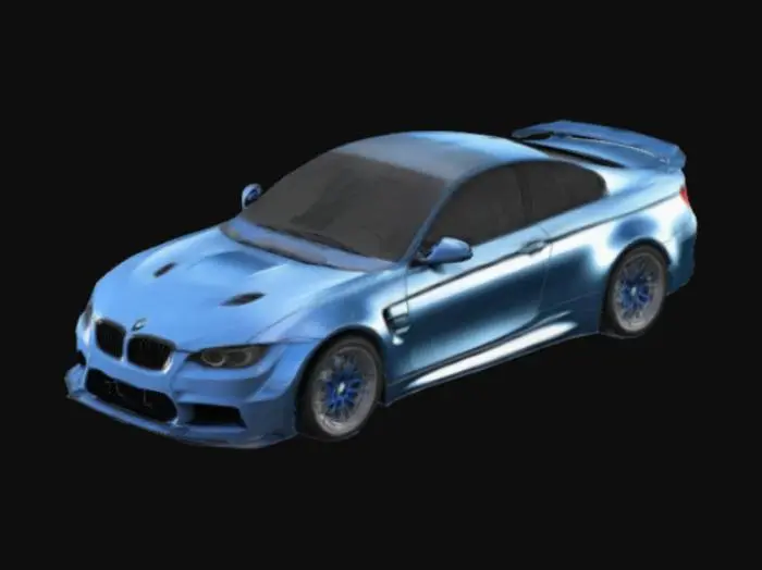 3D model for Create a detailed 3D model of the BMW M3. It should feature a futuristic and angular design with sharp edges and flat surfaces. The vehicle should have a stainless steel exoskeleton with a brushed metallic texture.