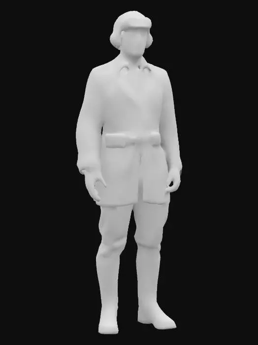 3D model for a world war one air pilot with a leather double breasted coat; helmet with googles on top; winged trousers;  long black boots