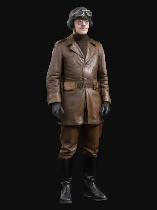 3D model for a world war one air pilot with a leather double breasted coat; helmet with googles on top; winged trousers;  long black boots