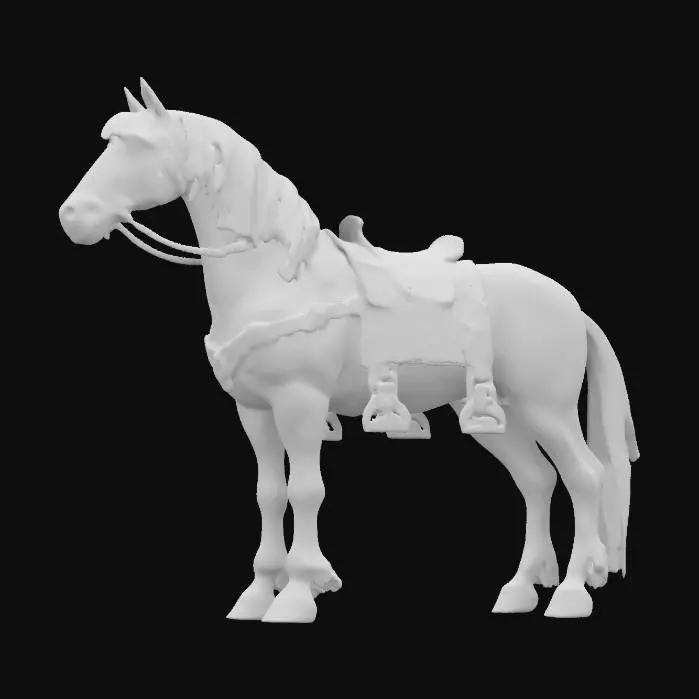 3D model for an extremely large shire horse wearing face and body armor; brown with a white face and tail; elaborate saddle and reins; one mechanical leg