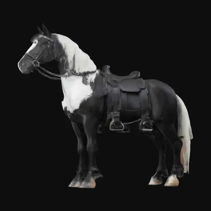 3D model for an extremely large shire horse wearing face and body armor; brown with a white face and tail; elaborate saddle and reins; one mechanical leg