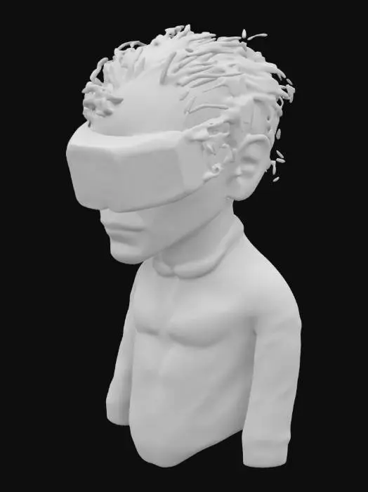 3D model for El Espectro 3566 es una figura alta y de complexión delgada pero imponente. Su cabello chino y despeinado cae en mechones desordenados, oscuros y rebeldes, dándole un aire caótico. Su rostro permanece oculto tras una máscara de realidad virtual, una superficie negra y sin expresión, con destellos de códigos corrompidos y glitches rojos parpadeantes.

Su postura es sigilosa, con movimientos precisos y fluidos, como un depredador en acecho.
