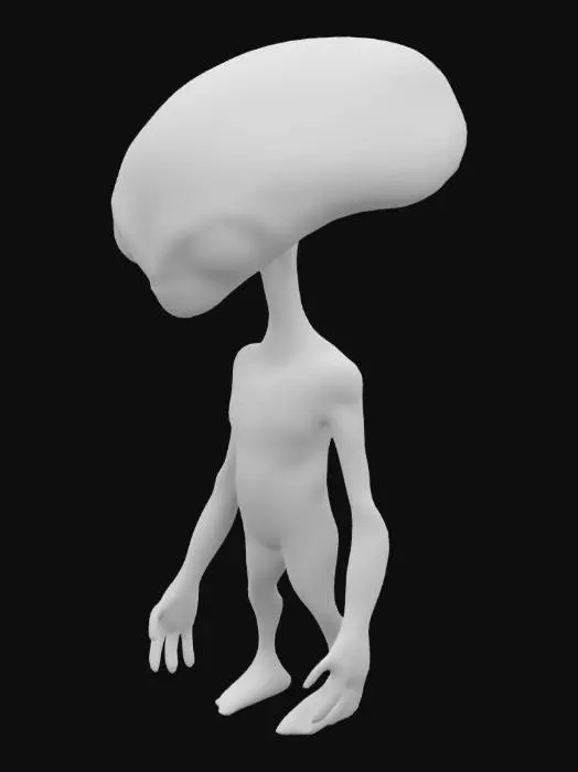 3D model for genera un alien tipico con ojos de gota negros piel gris tamaño regular, piel como de delfin, cabeza grande en forma de globo y poderes psiquicos 