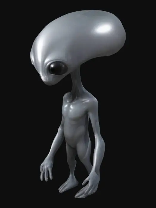 3D model for genera un alien tipico con ojos de gota negros piel gris tamaño regular, piel como de delfin, cabeza grande en forma de globo y poderes psiquicos 