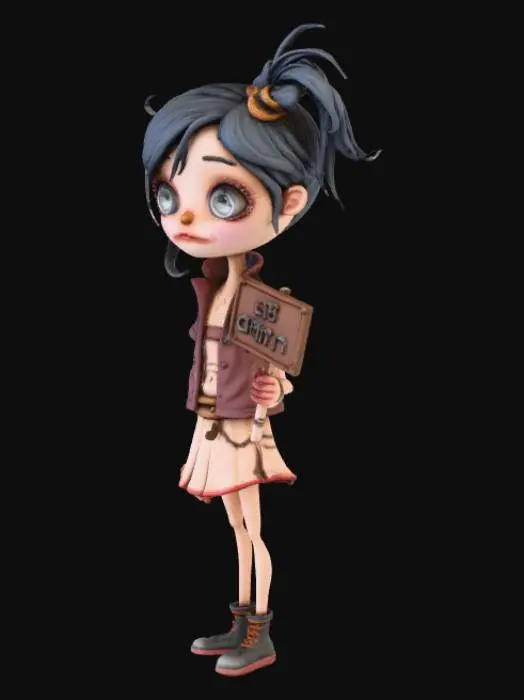 3D model for punk is postapocalcartoon style 2d stick figure a photorealistic beautiful gothic maiden  in toon-style body Chinese oilcolor, macro of a mini funny scruffy pupets one , with "life is beautiful" , going to watered-down, stripes and stars