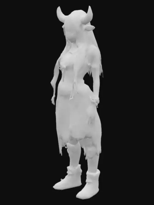 3D model for loose hair, medium-length hair, bangs on the eyes, mature woman, long bangs, hair on the eyes, wide hips, cow ears, cow tail, short hair, sly look, shaman, 1 grandmother, stands straight, ankle bracelet, bracelet, closed mouth, pointed hair, bangs completely cover eyes, eyes not visible, dark-skinned woman, earrings, full body, hair decoration, spectator appearance, nail polish, necklace, smile, solo, white hair, hair sticking out in different directions, white eyelashes, several small braids in her hair, lots of jewelry, hanging cow ears, cow horns, goat hooves, large hooves, chest bands, very wide trousers, leather belt with herbs,character profile, concept art, facial wrinkles, flirtatious smile, old lady, a lot of wrinkles on the face