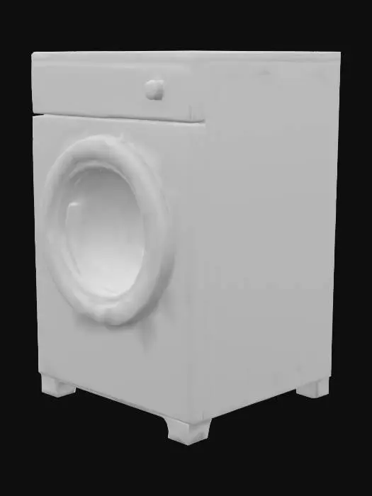 3D model for Highly detailed 3D mesh of a vintage coin‑op front‑load washing machine, real scale 90 × 65 × 70 cm. Brushed stainless cabinet, beveled edges, visible screws, rubber feet. Door Ø40 cm tempered glass in chrome bezel, black EPDM gasket, left metal hinge, chrome handle; inside – perforated steel drum with cross‑baffles. Top coin box: matte black, US‑quarter slot, rotating chrome knob, red LED, keyed panel. Control panel: knurled aluminum dial, four ABS buttons (white, grey, blue, amber), red 7‑segment timer, tiny speaker grill. Right panel louvers; back shows power cord, braided fill hoses, corrugated drain. Deliver 4 K PBR maps (base‑color, metalness, roughness, normal, AO), 100–150 k quads, clean topology, hard edges beveled ≤2 mm, separate material IDs, non‑manifold ‑free, 