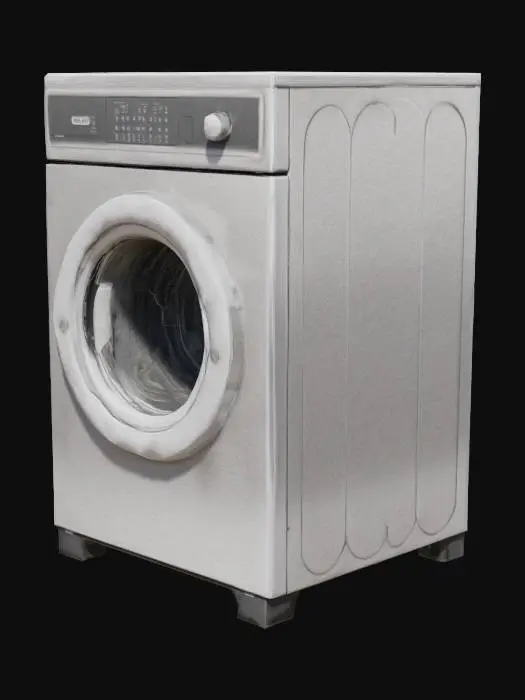 3D model for Highly detailed 3D mesh of a vintage coin‑op front‑load washing machine, real scale 90 × 65 × 70 cm. Brushed stainless cabinet, beveled edges, visible screws, rubber feet. Door Ø40 cm tempered glass in chrome bezel, black EPDM gasket, left metal hinge, chrome handle; inside – perforated steel drum with cross‑baffles. Top coin box: matte black, US‑quarter slot, rotating chrome knob, red LED, keyed panel. Control panel: knurled aluminum dial, four ABS buttons (white, grey, blue, amber), red 7‑segment timer, tiny speaker grill. Right panel louvers; back shows power cord, braided fill hoses, corrugated drain. Deliver 4 K PBR maps (base‑color, metalness, roughness, normal, AO), 100–150 k quads, clean topology, hard edges beveled ≤2 mm, separate material IDs, non‑manifold ‑free, 