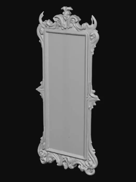 3D model for An ornate, antique mirror with a tall, rectangular shape and a heavily carved, dark wooden frame. The frame features intricate, gothic designs with subtle bat-wing motifs and sharp, claw-like embellishments, appearing tarnished and rough to the touch. Its surface is made of murky, aged glass, reflecting distorted, shadowy images rather than clear reflections, and shows faint, reddish, blood-like stains near the bottom edge.