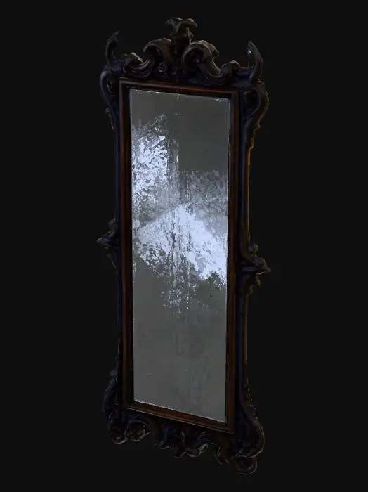 3D model for An ornate, antique mirror with a tall, rectangular shape and a heavily carved, dark wooden frame. The frame features intricate, gothic designs with subtle bat-wing motifs and sharp, claw-like embellishments, appearing tarnished and rough to the touch. Its surface is made of murky, aged glass, reflecting distorted, shadowy images rather than clear reflections, and shows faint, reddish, blood-like stains near the bottom edge.