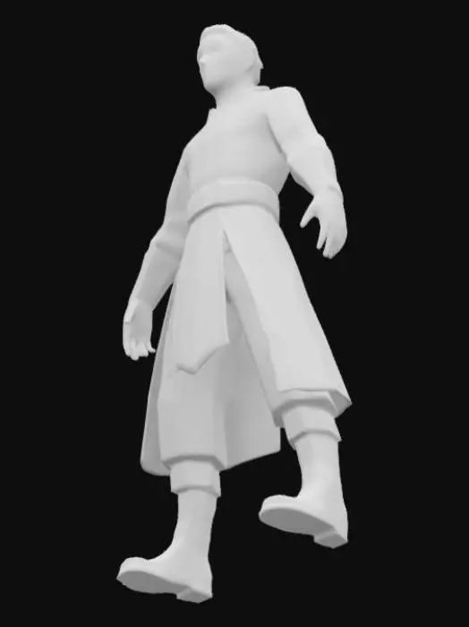 3D model for A low-poly 3D model of a male fire mage in a fantasy style.Semi realistic He wears tight-fitting mage clothes with no robe or cape. The outfit consists of a dark brown tunic with short sleeves, red-orange angular trim, a wide red belt with a diamond-shaped buckle, and matching forearm bracers and high boots. The pants are also tight-fitting and dark brown, matching the tunic. His face is slightly stylized but more detailed than basic low-poly, with short brown hair. The pose is a A-pose (arms straight and slightly spread). The style is inspired by stylized RPG games like Warcraft III or Torchlight, with clean geometric shapes, sharp silhouette, and warm earthy tones. Use flat colors and simple shading.