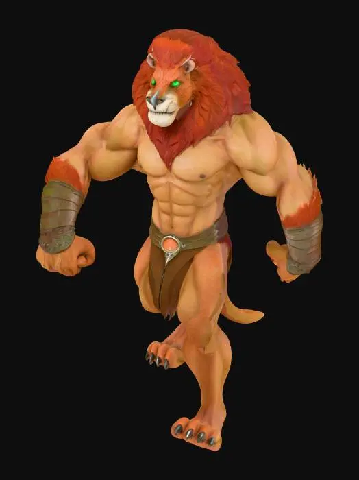 3D model for A formidable, muscular anthropomorphic bipedal guardian entity, standing on digitigrade legs. It possesses a distinctive muzzle face and pointed, elf-like ears, with long, slightly wavy horns curving gracefully from its head. A striking rusty red fohawk crowns its brow. Its hands bear long, sharp claws, and its green eyes hold an intense gaze. A long, slender tail, resembling a lion's, extends, completing the creature's powerful and unique chimera-like form.