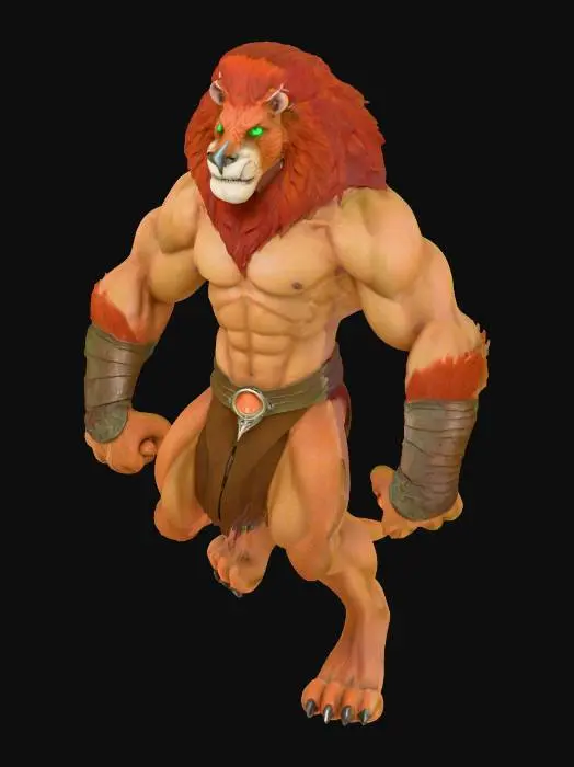 3D model for A formidable, muscular anthropomorphic bipedal guardian entity, standing on digitigrade legs. It possesses a distinctive muzzle face and pointed, elf-like ears, with long, slightly wavy horns curving gracefully from its head. A striking rusty red fohawk crowns its brow. Its hands bear long, sharp claws, and its green eyes hold an intense gaze. A long, slender tail, resembling a lion's, extends, completing the creature's powerful and unique chimera-like form.