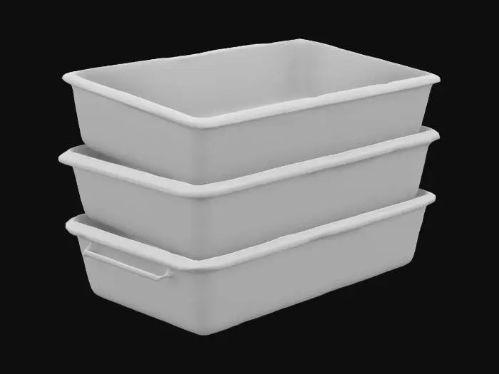 3D model for stack of  baking pans, rectangular, metal, dark, shiny, smooth edges no deformed tops or sides 
