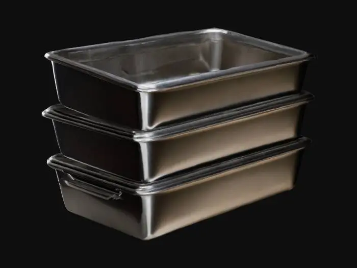 3D model for stack of  baking pans, rectangular, metal, dark, shiny, smooth edges no deformed tops or sides 