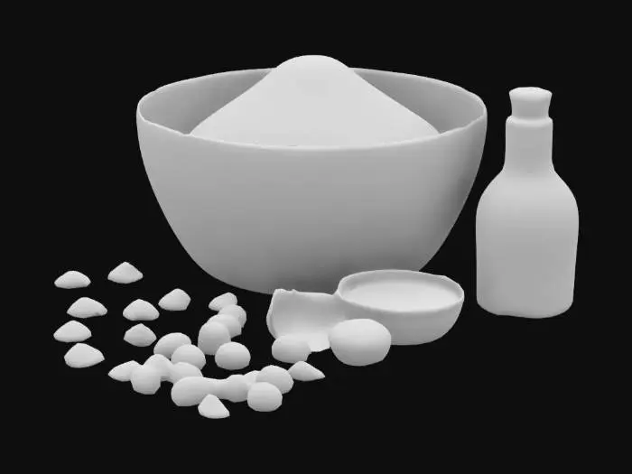 3D model for baking ingredients; vanilla, flour, sugar, chocolate chips, mixing bowl