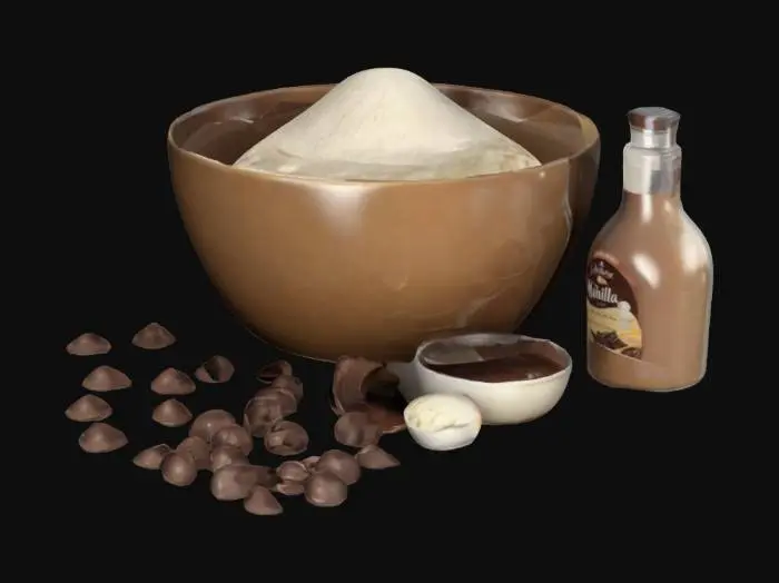 3D model for baking ingredients; vanilla, flour, sugar, chocolate chips, mixing bowl